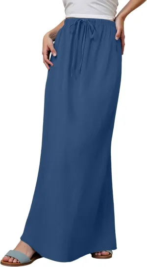 Womens Cotton Linen Maxi Skirts Summer Drawstring A Line Long Skirts Casual Trendy Flowy Boho Beach Vacation Outfits