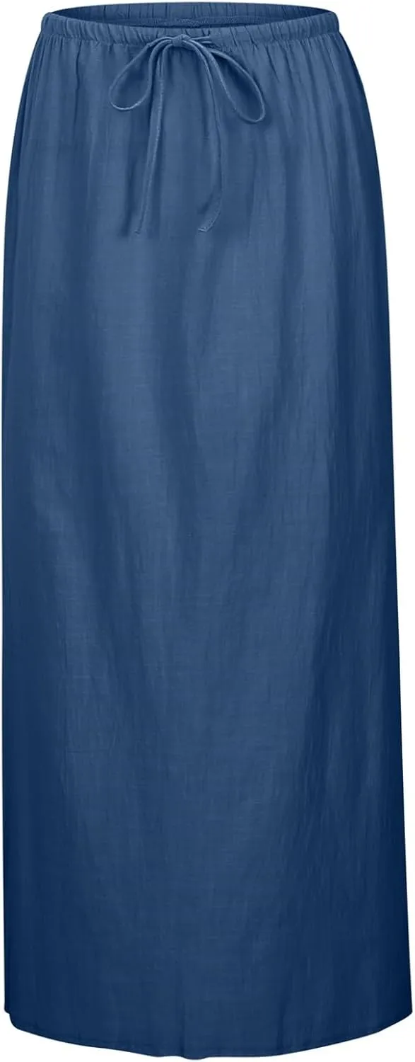 Womens Cotton Linen Maxi Skirts Summer Drawstring A Line Long Skirts Casual Trendy Flowy Boho Beach Vacation Outfits