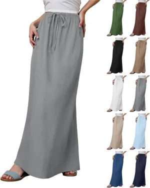 Womens Cotton Linen Maxi Skirts Summer Drawstring A Line Long Skirts Casual Trendy Flowy Boho Beach Vacation Outfits