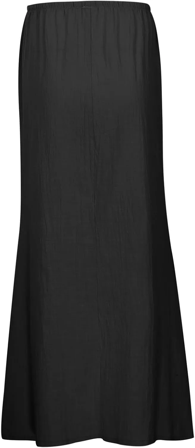 Womens Cotton Linen Maxi Skirts Summer Drawstring A Line Long Skirts Casual Trendy Flowy Boho Beach Vacation Outfits