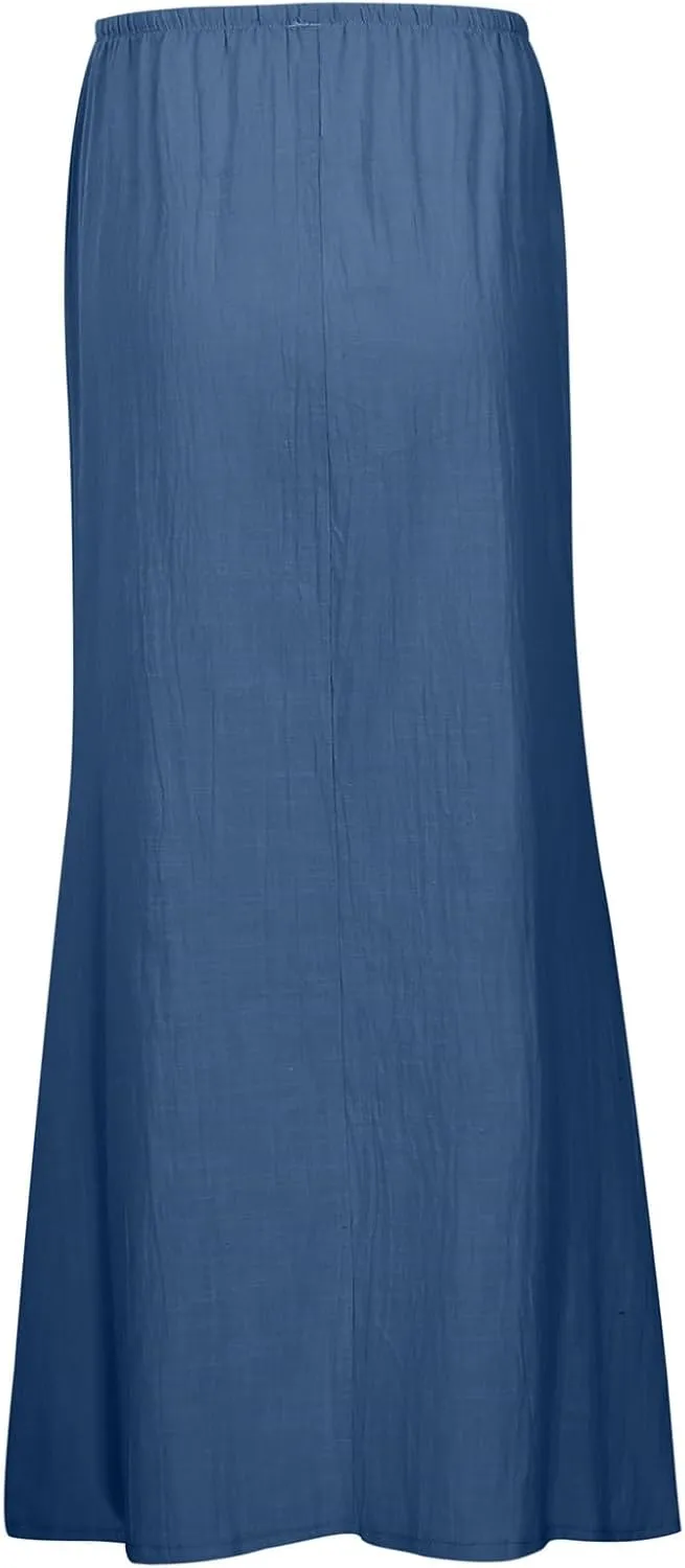 Womens Cotton Linen Maxi Skirts Summer Drawstring A Line Long Skirts Casual Trendy Flowy Boho Beach Vacation Outfits