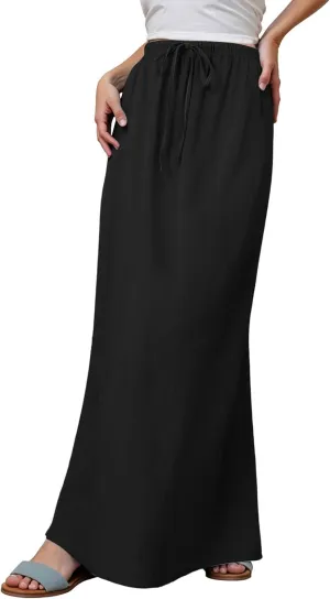 Womens Cotton Linen Maxi Skirts Summer Drawstring A Line Long Skirts Casual Trendy Flowy Boho Beach Vacation Outfits