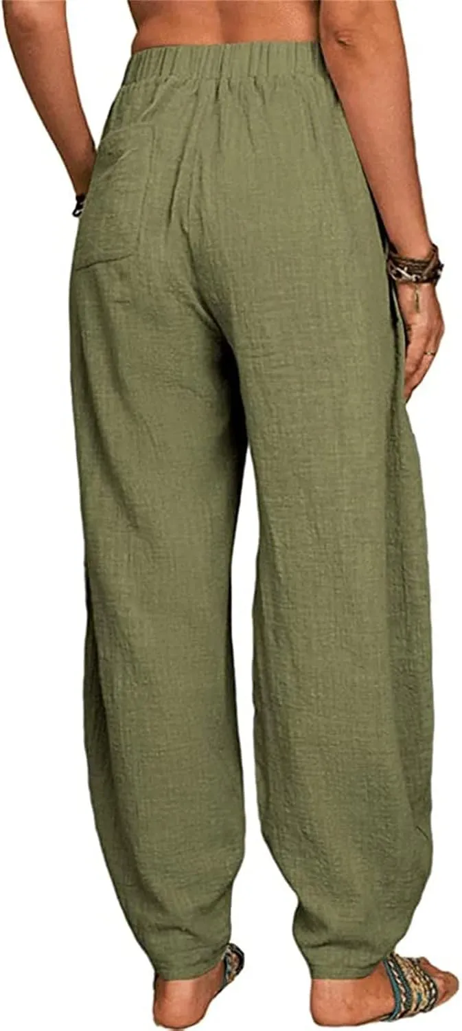 Womens Cotton Linen Palazzo Pants Pants Waist Casual Loose Trousers Drawstring Elastic Waist Casual Wide Leg