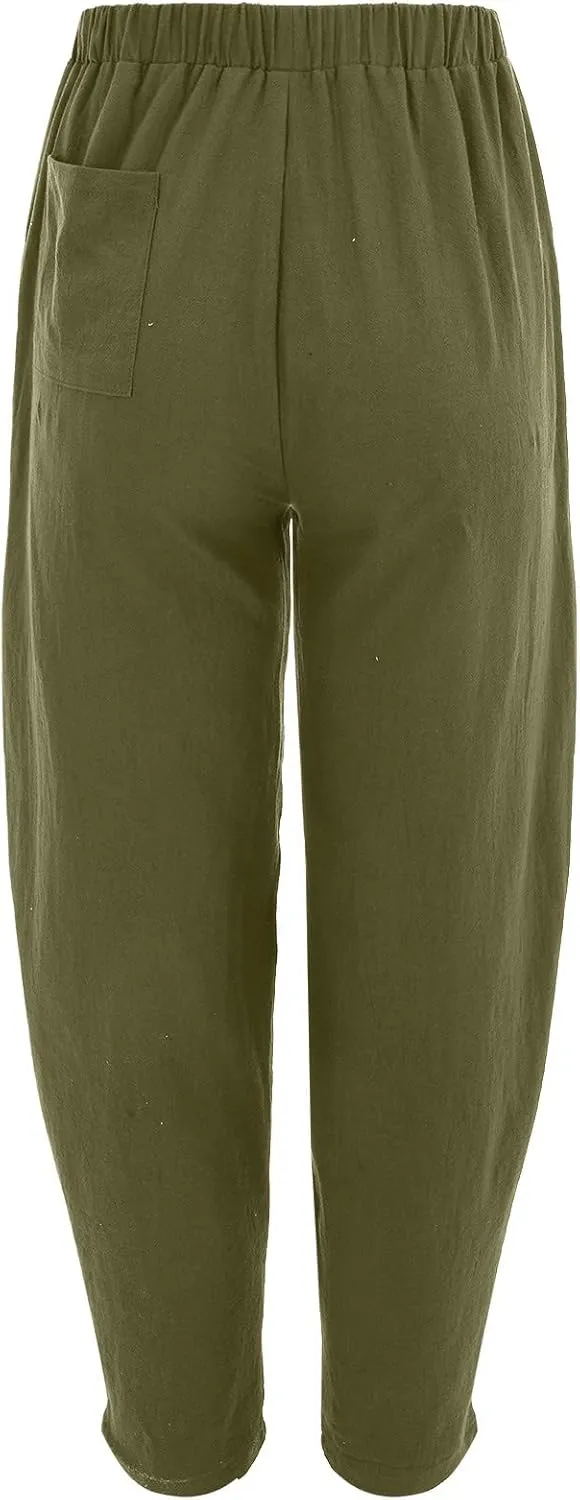 Womens Cotton Linen Palazzo Pants Pants Waist Casual Loose Trousers Drawstring Elastic Waist Casual Wide Leg