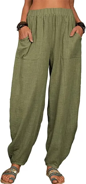 Womens Cotton Linen Palazzo Pants Pants Waist Casual Loose Trousers Drawstring Elastic Waist Casual Wide Leg