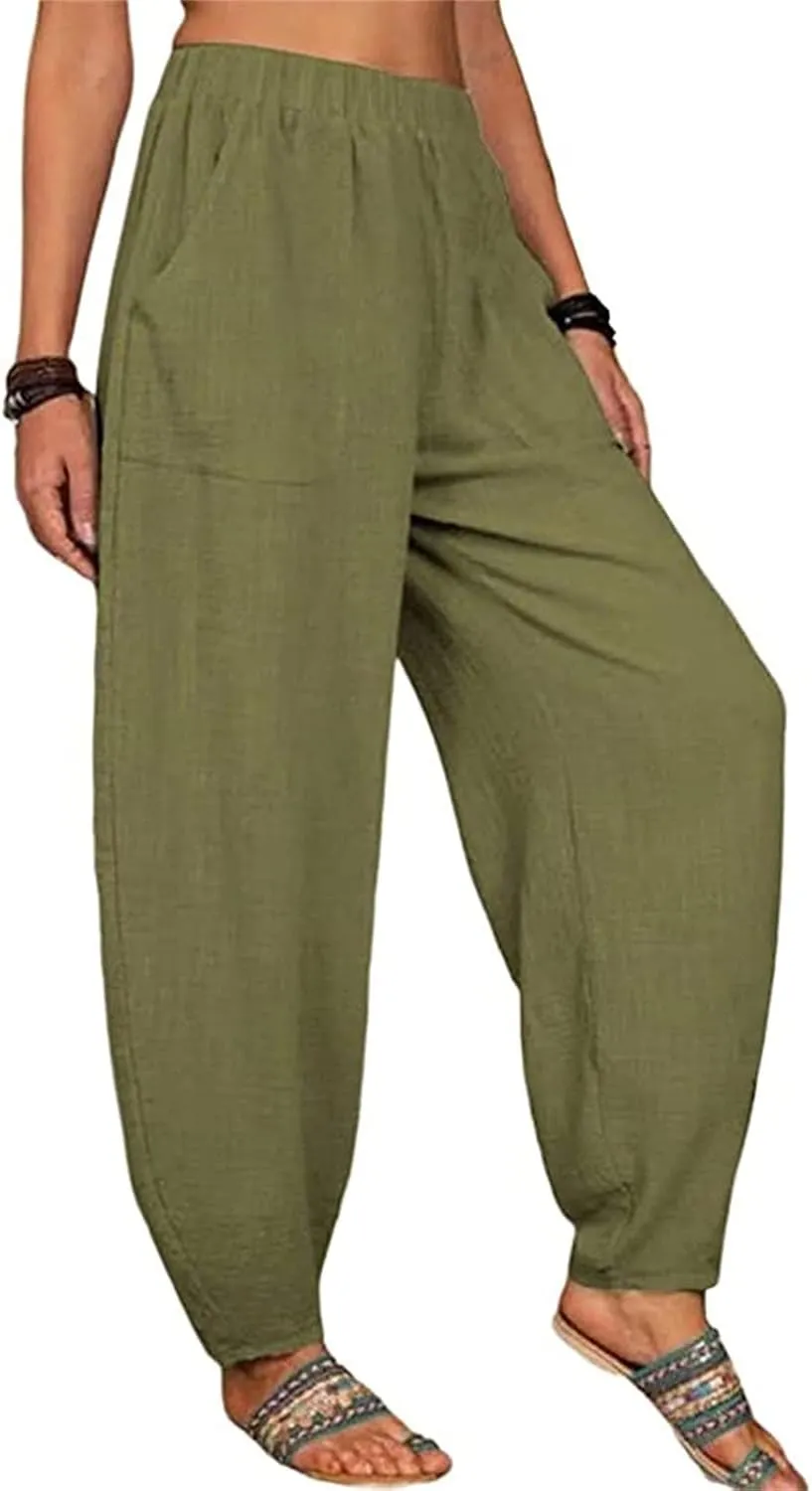 Womens Cotton Linen Palazzo Pants Pants Waist Casual Loose Trousers Drawstring Elastic Waist Casual Wide Leg