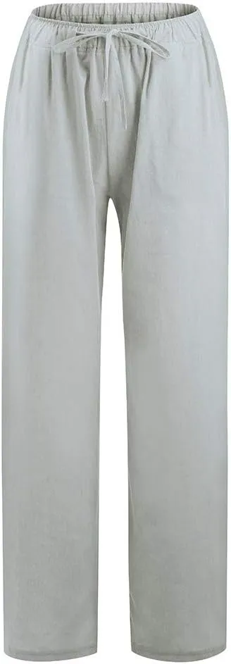 Women's Cotton Linen Pants, Summer Wide Leg Casual Loose Drawstring High Waist Palazzo Pants Trousers with Pockets