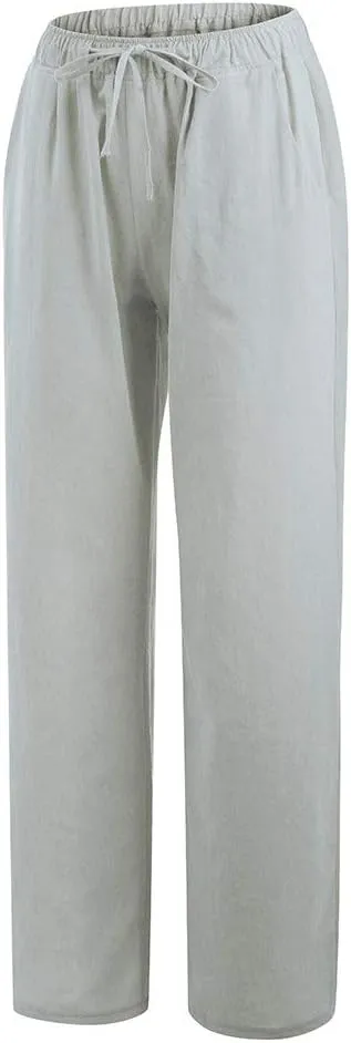 Women's Cotton Linen Pants, Summer Wide Leg Casual Loose Drawstring High Waist Palazzo Pants Trousers with Pockets