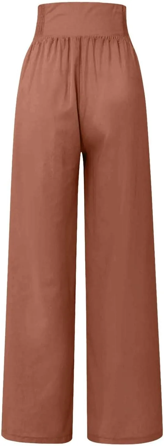 Womens Cotton Linen Summer Pull On Pant Trousers High Waist Wide Leg Plus Size Palazzo Pants Office
