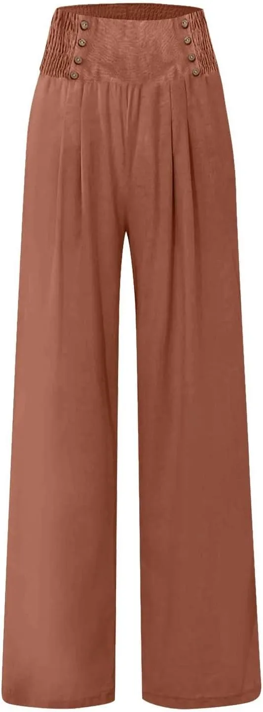 Womens Cotton Linen Summer Pull On Pant Trousers High Waist Wide Leg Plus Size Palazzo Pants Office