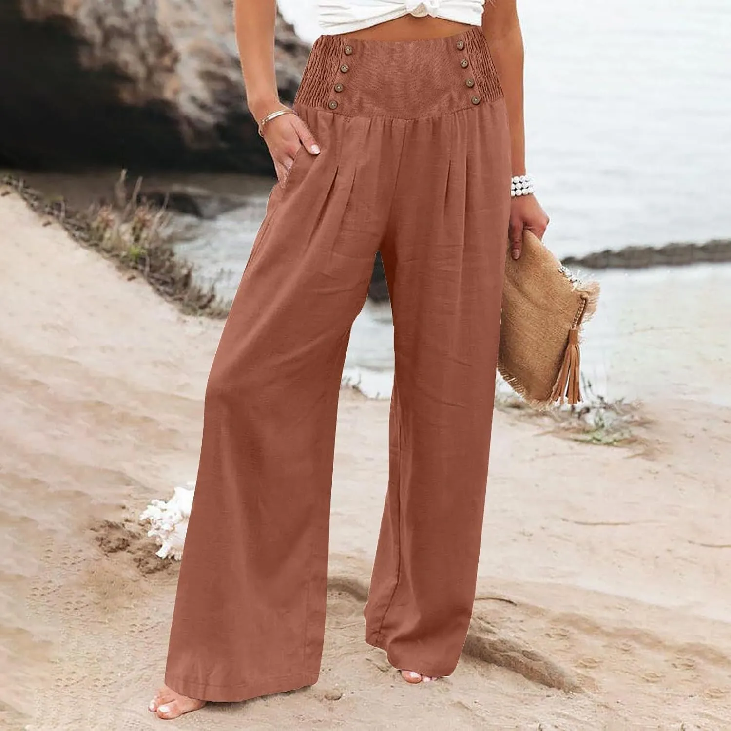 Womens Cotton Linen Summer Pull On Pant Trousers High Waist Wide Leg Plus Size Palazzo Pants Office