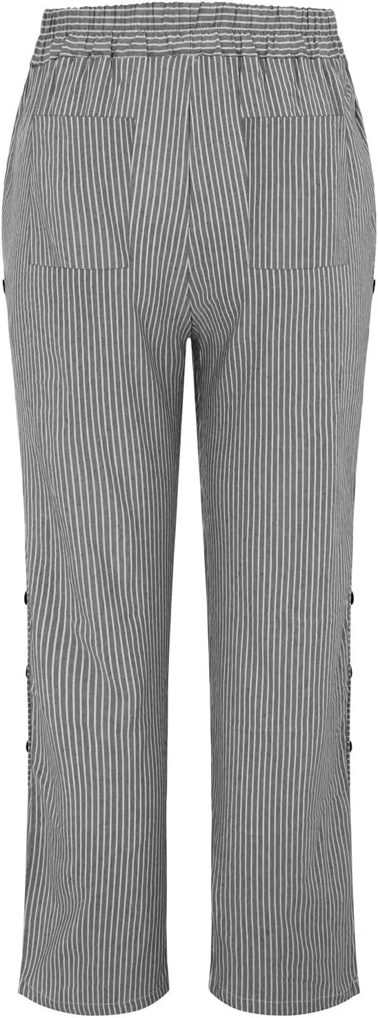 Women's Cropped Linen Pants Striped Side Button Elastic Waist Trendy Pants Straight Leg Baggy Trousers with Pockets