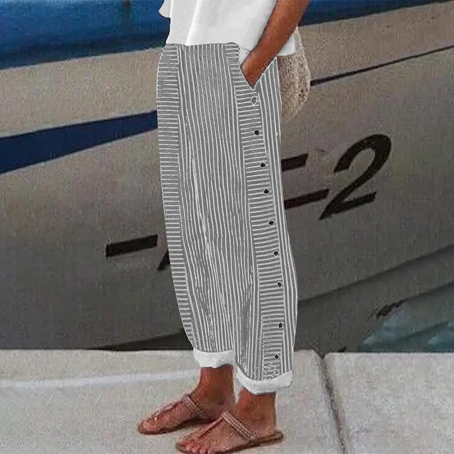 Women's Cropped Linen Pants Striped Side Button Elastic Waist Trendy Pants Straight Leg Baggy Trousers with Pockets