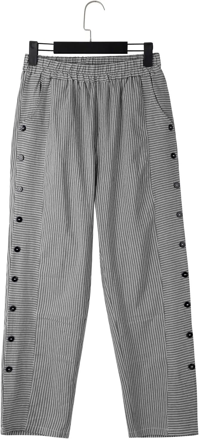 Women's Cropped Linen Pants Striped Side Button Elastic Waist Trendy Pants Straight Leg Baggy Trousers with Pockets