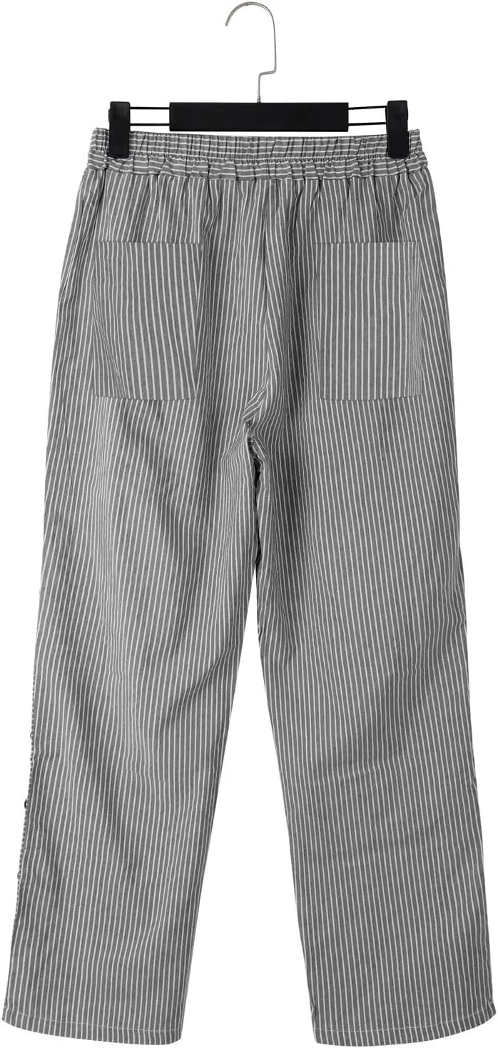 Women's Cropped Linen Pants Striped Side Button Elastic Waist Trendy Pants Straight Leg Baggy Trousers with Pockets