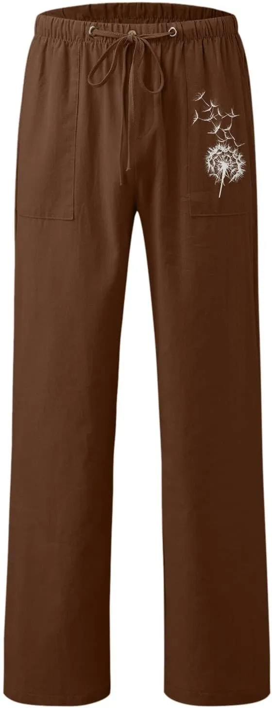 Womens Dandelions Printing Casual Trousers Drawstring High Waist Straight Leg Pant Cotton Linen Trousers with Pockets (Brown, S)