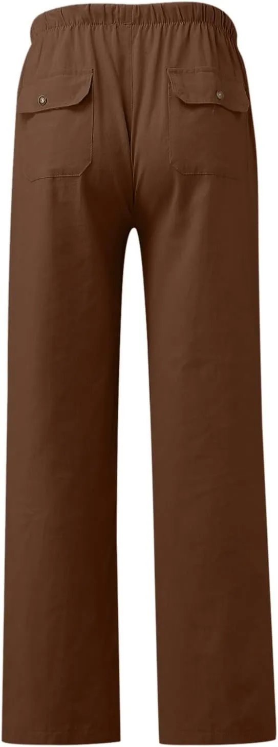 Womens Dandelions Printing Casual Trousers Drawstring High Waist Straight Leg Pant Cotton Linen Trousers with Pockets (Brown, S)