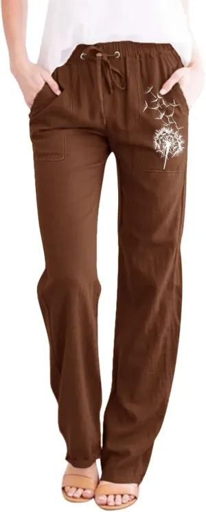 Womens Dandelions Printing Casual Trousers Drawstring High Waist Straight Leg Pant Cotton Linen Trousers with Pockets (Brown, S)
