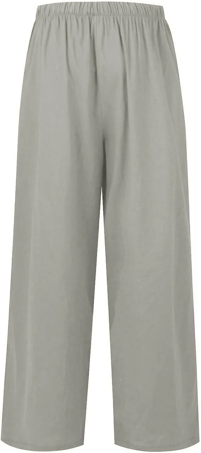 Womens Drawstring Elastic Waist Casual Wide Leg Trousers Cotton Linen Flowy Vacation Beach Palazzo Pants with Pockets
