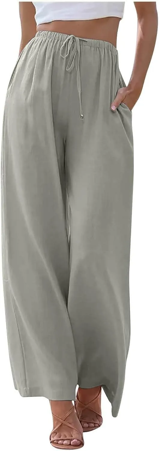 Womens Drawstring Elastic Waist Casual Wide Leg Trousers Cotton Linen Flowy Vacation Beach Palazzo Pants with Pockets