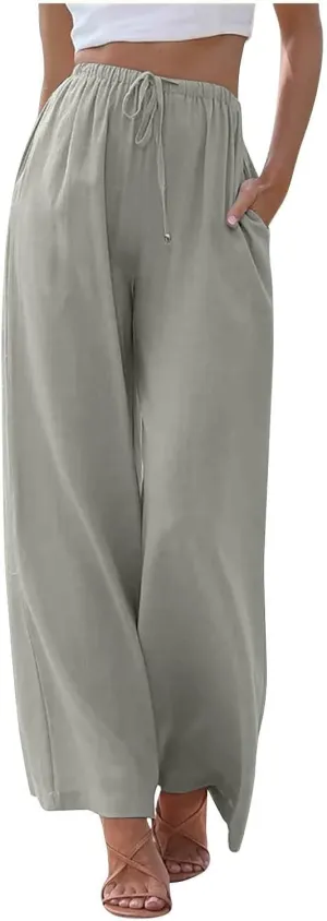 Womens Drawstring Elastic Waist Casual Wide Leg Trousers Cotton Linen Flowy Vacation Beach Palazzo Pants with Pockets