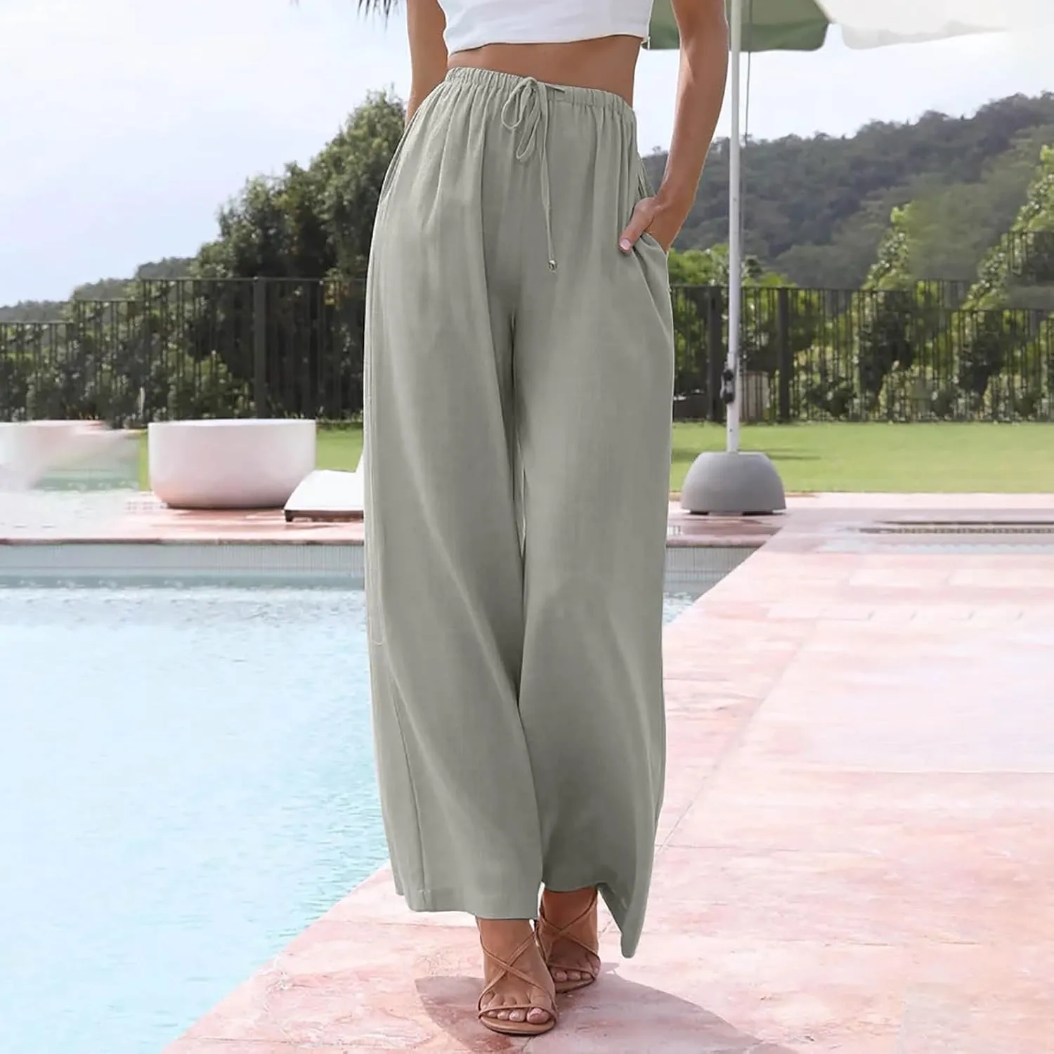 Womens Drawstring Elastic Waist Casual Wide Leg Trousers Cotton Linen Flowy Vacation Beach Palazzo Pants with Pockets