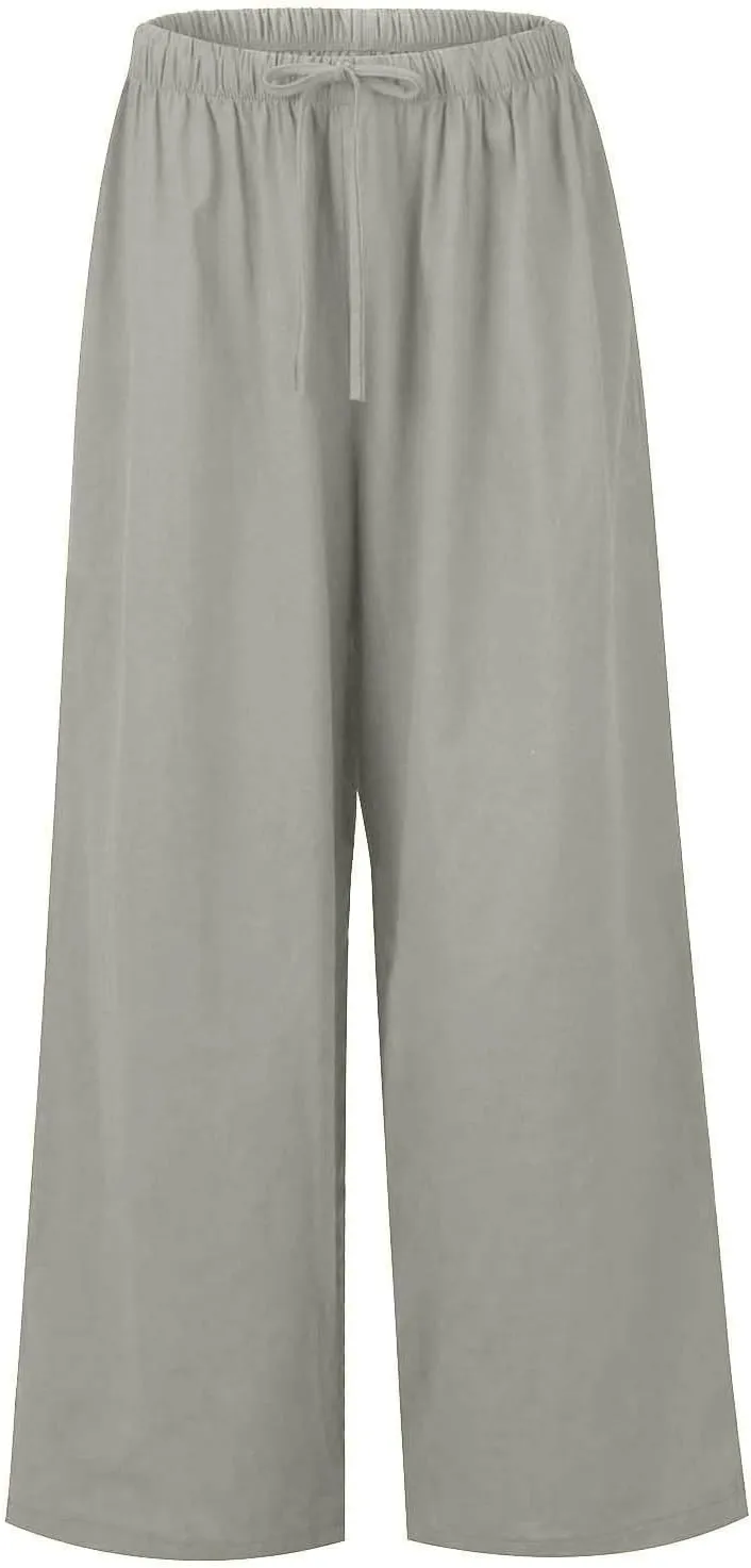 Womens Drawstring Elastic Waist Casual Wide Leg Trousers Cotton Linen Flowy Vacation Beach Palazzo Pants with Pockets