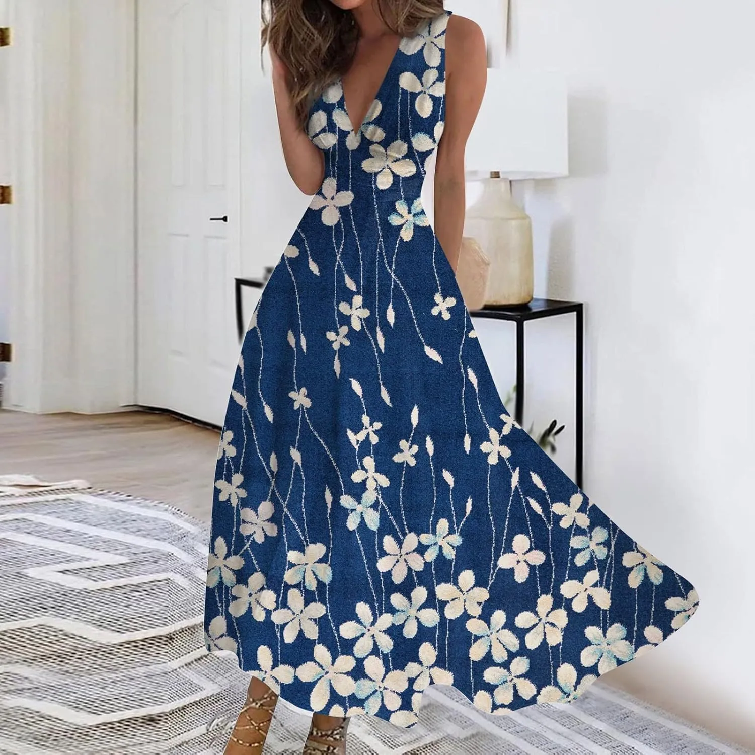 Womens Dresses Floral Print Sleeveless Boho Dress Wrap V Neck Flowy Ruched Beach Dresses Spring Maxi Dress