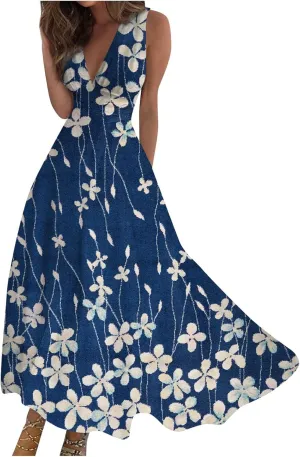 Womens Dresses Floral Print Sleeveless Boho Dress Wrap V Neck Flowy Ruched Beach Dresses Spring Maxi Dress