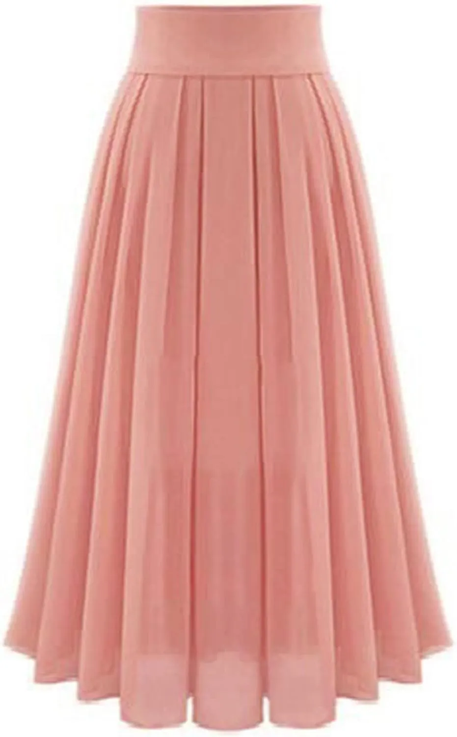 Womens Elastic High Waisted a Line Plain Midi Swing Pleated Skirts Shirring School Girl Uniform Long Skirt