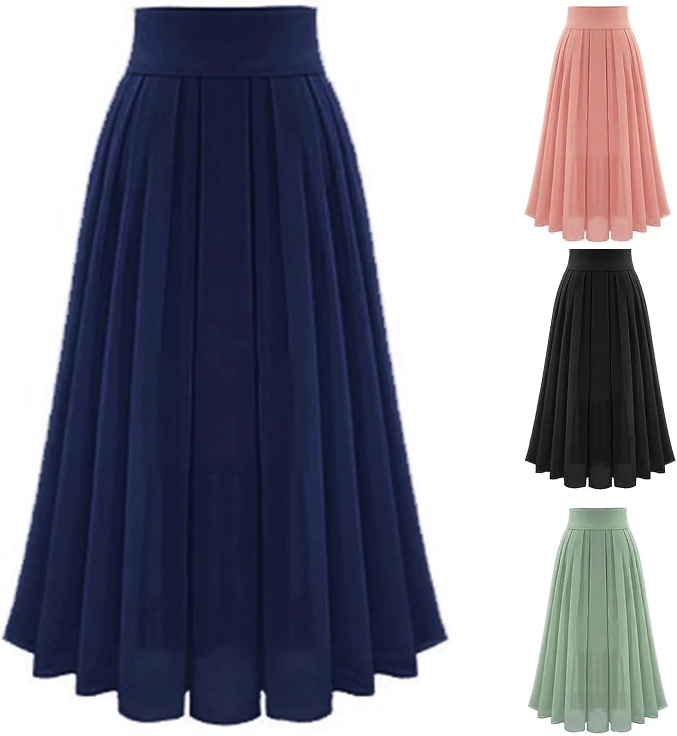 Womens Elastic High Waisted a Line Plain Midi Swing Pleated Skirts Shirring School Girl Uniform Long Skirt