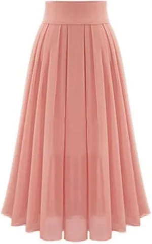 Womens Elastic High Waisted a Line Plain Midi Swing Pleated Skirts Shirring School Girl Uniform Long Skirt