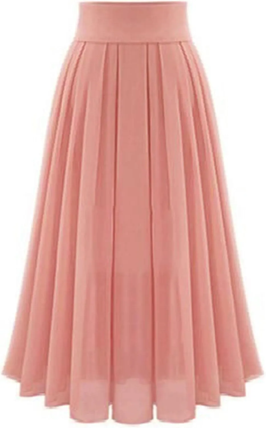 Womens Elastic High Waisted a Line Plain Midi Swing Pleated Skirts Shirring School Girl Uniform Long Skirt