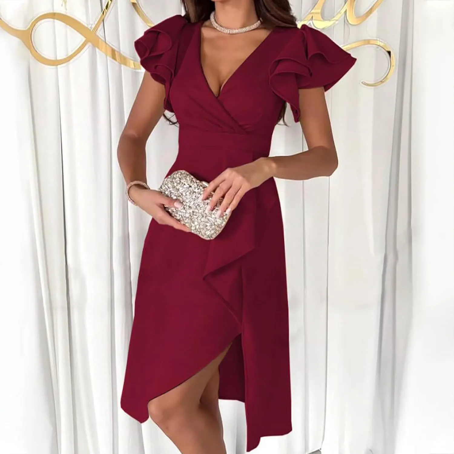 Women's Flowy Casual Mini Dresses 2024 Summer Smocked V Neck Ruffle Flutter Sleeve Side Slit Knee Length Dress