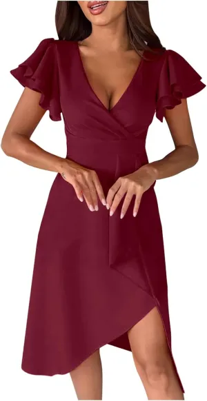 Women's Flowy Casual Mini Dresses 2024 Summer Smocked V Neck Ruffle Flutter Sleeve Side Slit Knee Length Dress