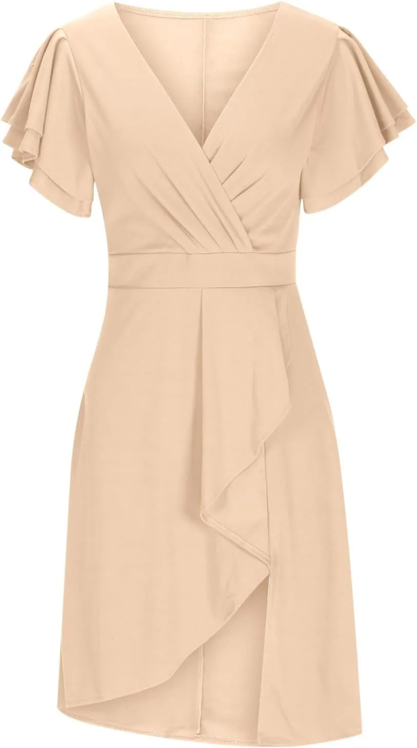 Women's Flowy Casual Mini Dresses 2024 Summer Smocked V Neck Ruffle Flutter Sleeve Side Slit Knee Length Dress