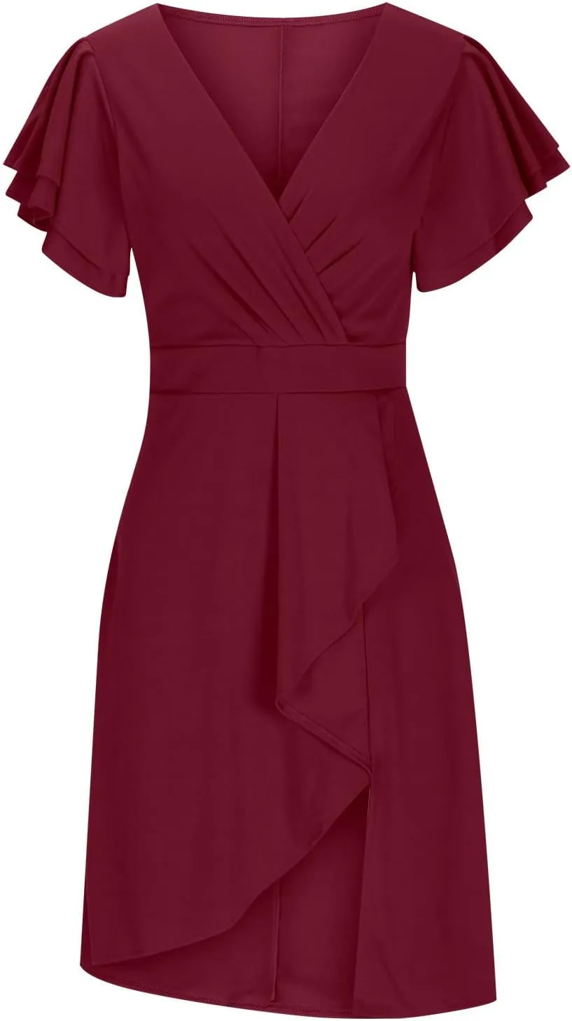 Women's Flowy Casual Mini Dresses 2024 Summer Smocked V Neck Ruffle Flutter Sleeve Side Slit Knee Length Dress
