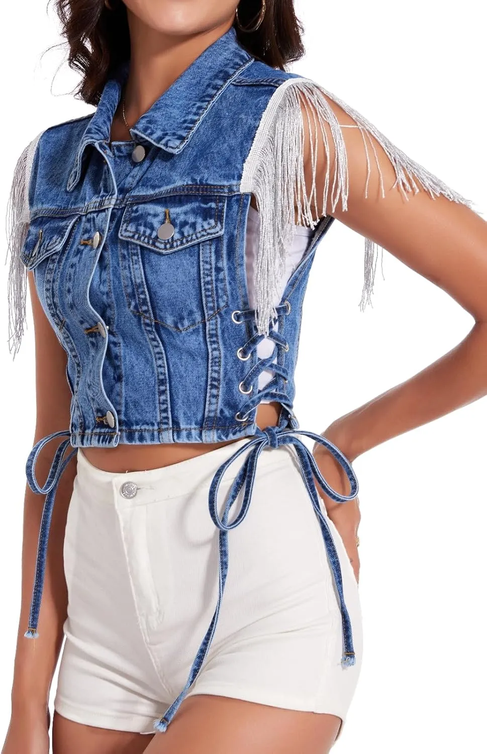 Women's Fringe Sleeveless Cropped Denim Vest Jean Jacket Outfit Tops