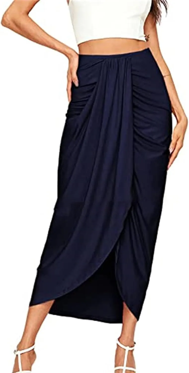 Women's High Low Wrap Maxi Skirts Sexy Side Split High Waist Midi Skirt Twist Front Asymmetrical Cover Up Skirts