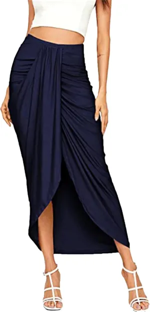 Women's High Low Wrap Maxi Skirts Sexy Side Split High Waist Midi Skirt Twist Front Asymmetrical Cover Up Skirts