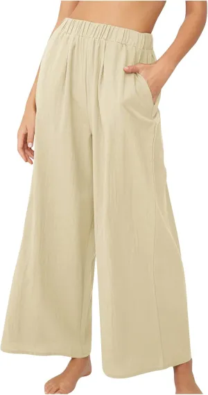Womens High Waist Wide Leg Pants Casual Summer Elastic Waist Loose Comfy Flowy Lounge Pant Trouser with Pockets