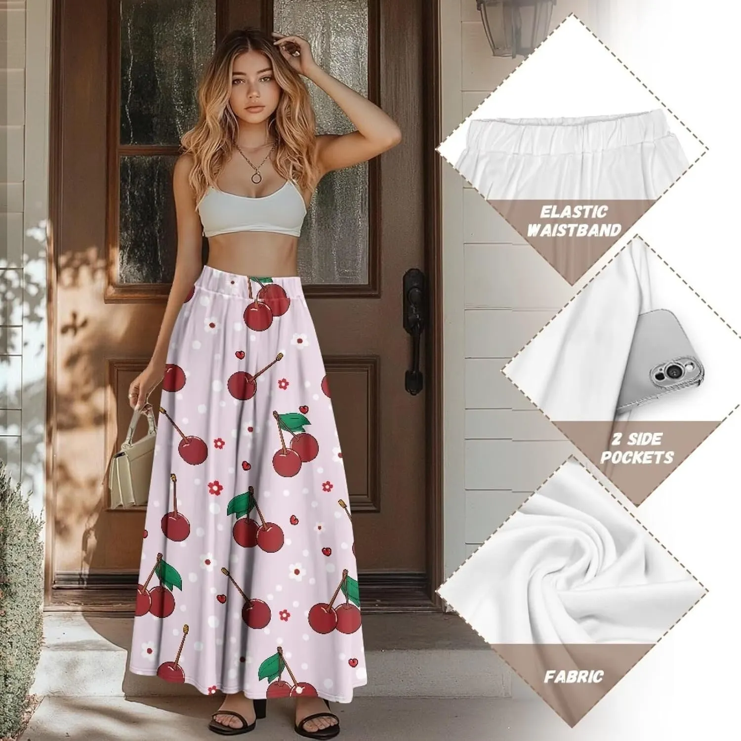 Women's High Waiste Skirt Long Maxi Swing Skirt Vacation Novelty Semi Formal Fit Skirt with Double Pockets