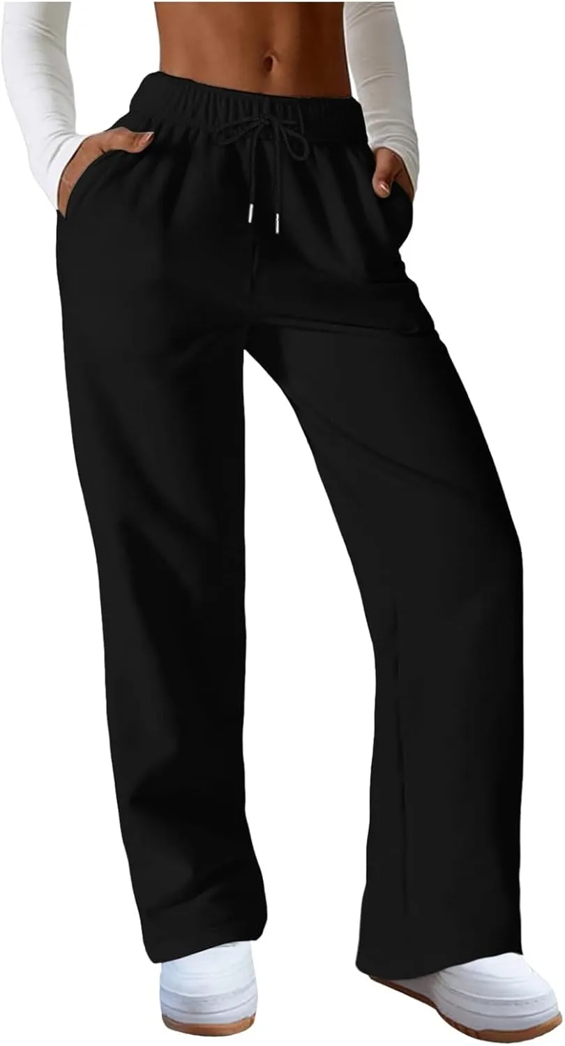Women's High Waisted Sweatpants Drawstring Baggy Elastic Waist Straight Wide Leg Track Pants Stretchy Loose Trousers