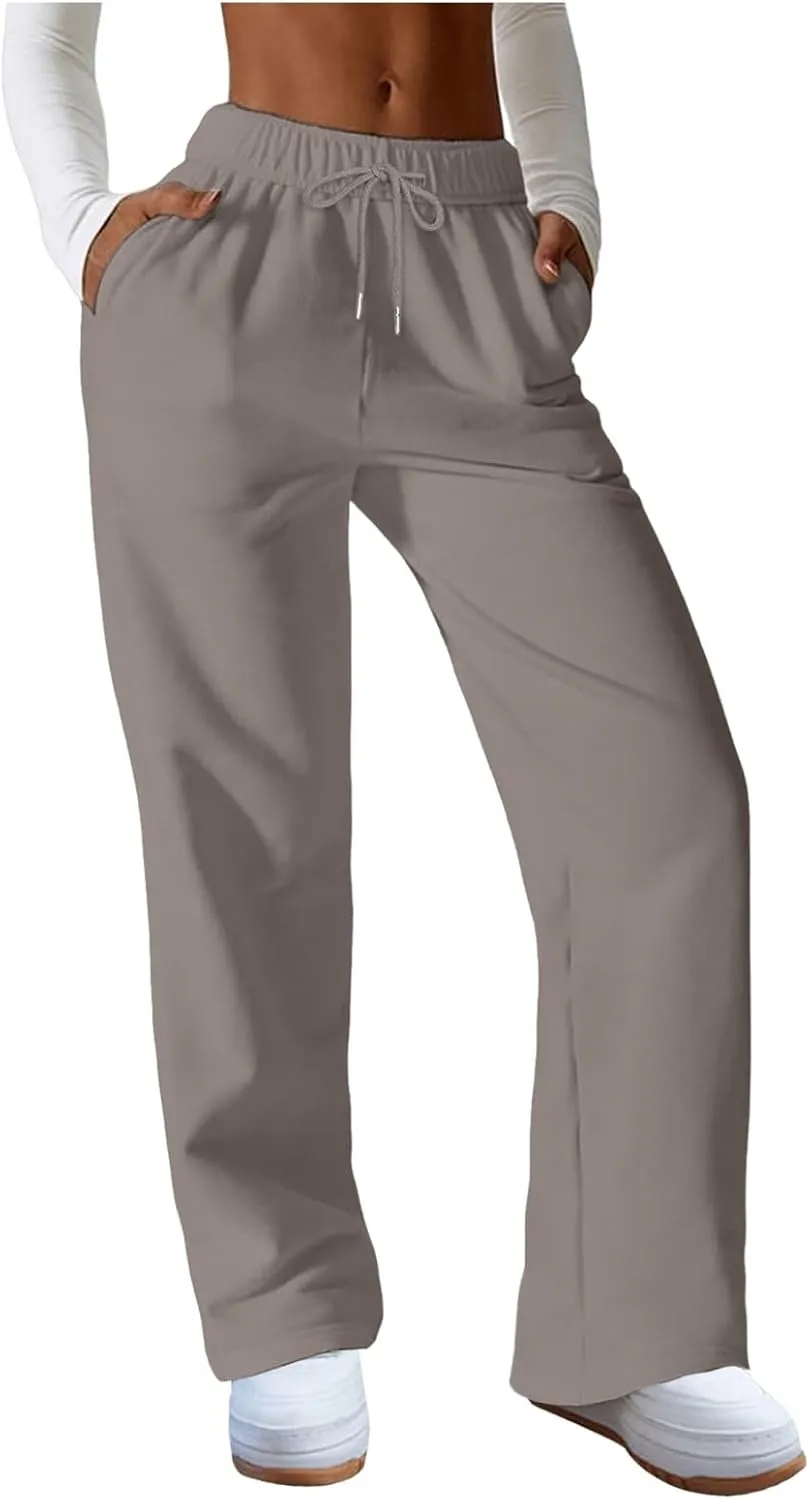 Women's High Waisted Sweatpants Drawstring Baggy Elastic Waist Straight Wide Leg Track Pants Stretchy Loose Trousers