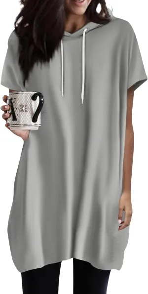 Womens Hooded Tops Casual Loose Fit Short Sleeve Shirts for Leggings Spring Fashion Tunic Tops with Pockets