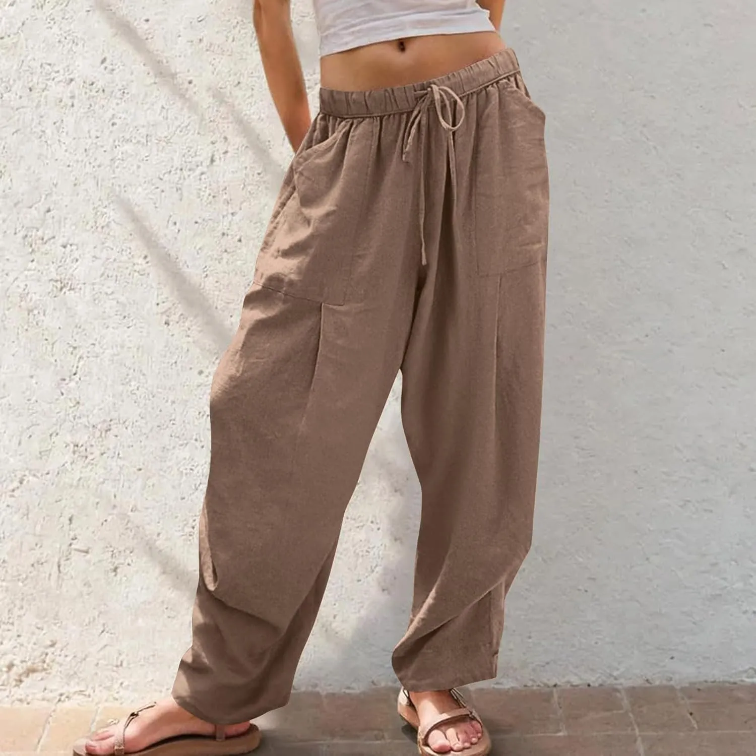 Womens Linen Baggy Harem Pants Summer Drawstring Casual Lounge Trouser 2025 Beach Travel Vacation Clothes with Pocket