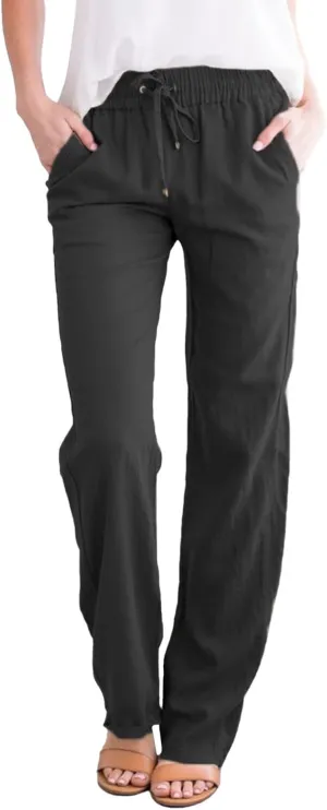 Women's Linen Blend Summer Loose Flowy Palazzo Pants Elastic Waist Stretchy Slim Fit Trouser Vacation
