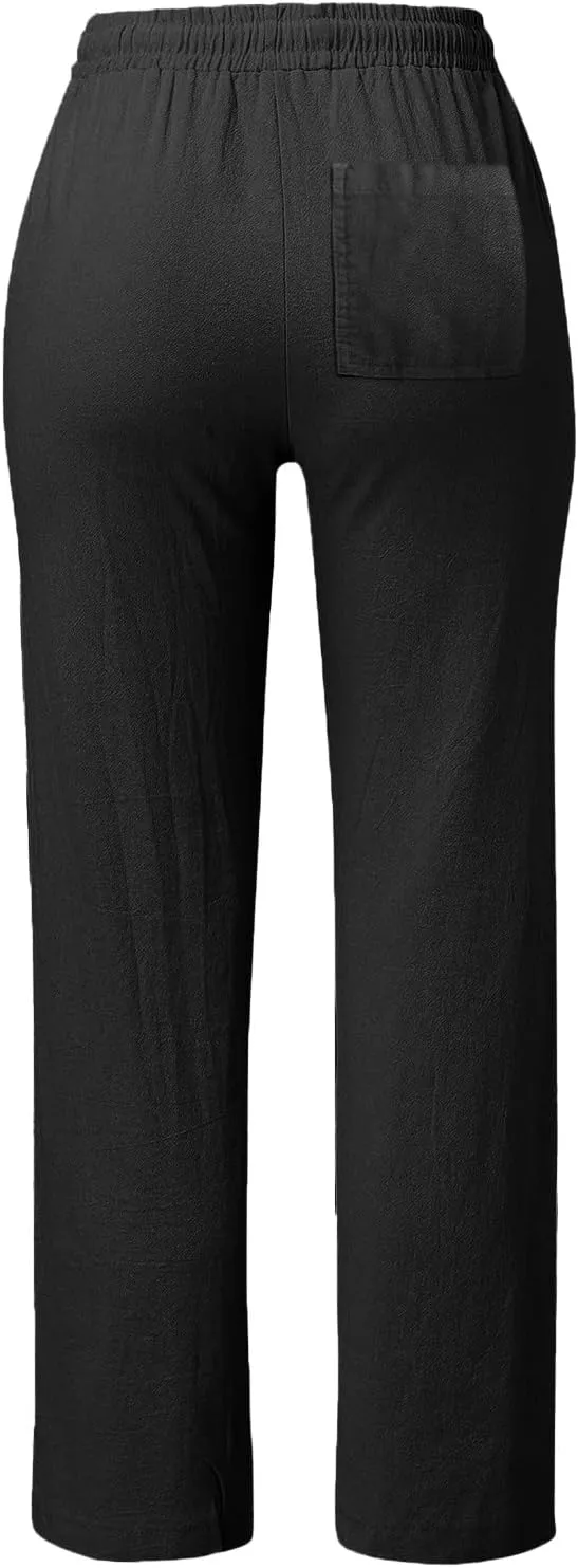 Women's Linen Blend Summer Loose Flowy Palazzo Pants Elastic Waist Stretchy Slim Fit Trouser Vacation