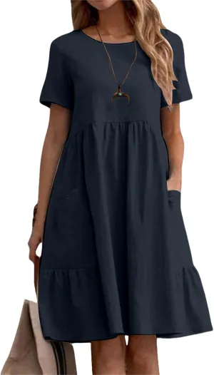 Womens Linen Dress Summer Crewneck Short Sleeve Dress Casual Loose Fit T Shirt Dresses Midi Dresses with Pocket 2025