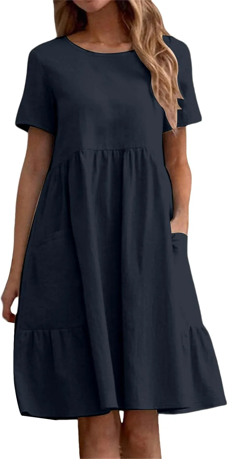 Womens Linen Dress Summer Crewneck Short Sleeve Dress Casual Loose Fit T Shirt Dresses Midi Dresses with Pocket 2025